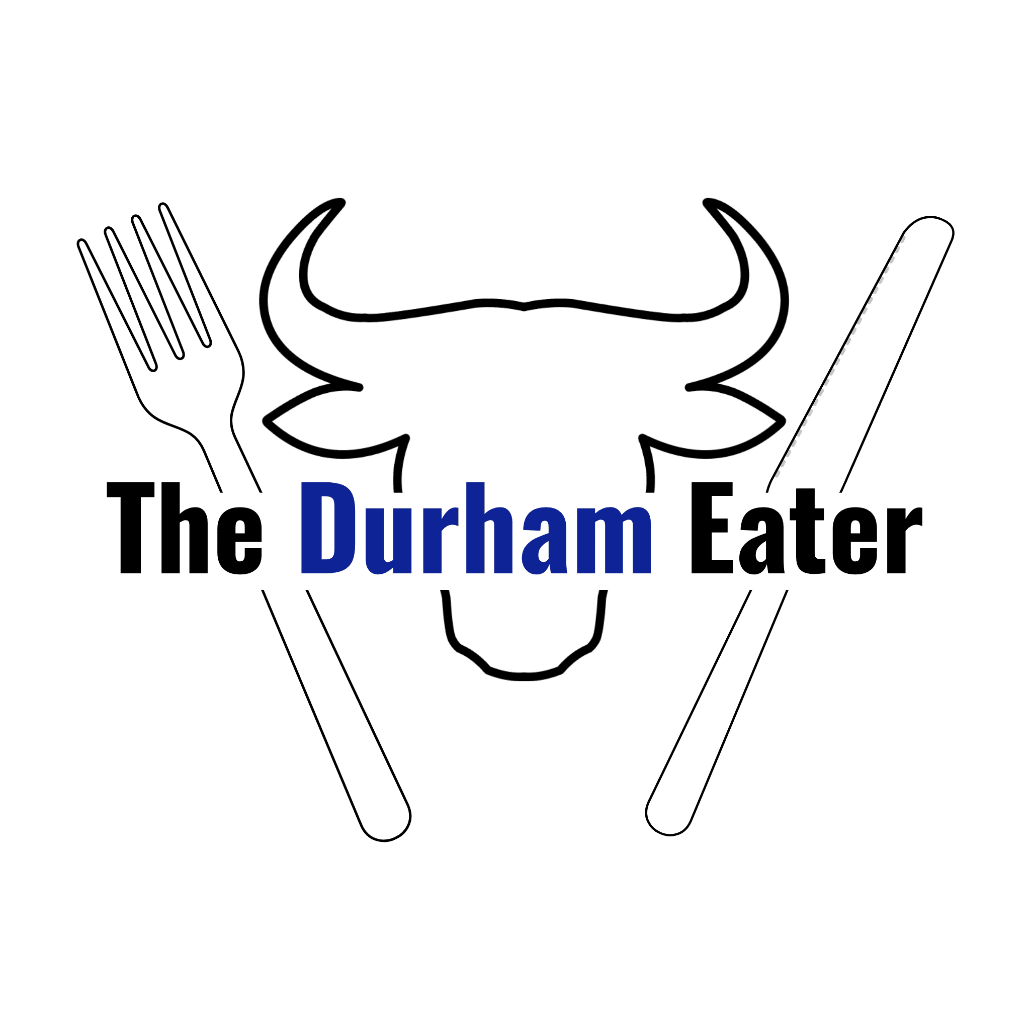 Line art image of a bull's head with a fork and knife to the left and right of it. "The Durham Eater" text in bold font cuts across the image.
