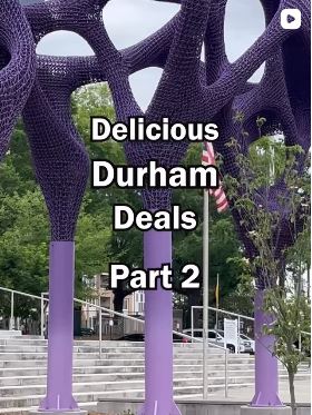 Purple statue with text reading "Delicious Durham Deals part 2"