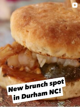Catfish biscuit with text reading "New brunch spot in Durham NC!"