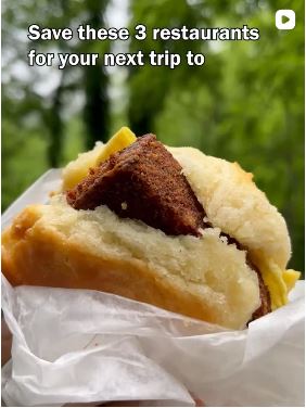 A picture of a biscuit with text at the top reading "Save these 3 restaurants for your next trip to"
